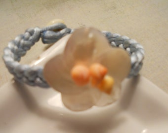 Shell Bracelet - Carved Flower with Tiny Shells on Amazing Blue Corded Bracelet - Love the Shell Closure
