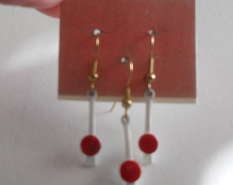 Retro Earrings - Pair & Spare - 3 Funky White and Red Dangles Retro Painted Enamel - Lavern and Shirley