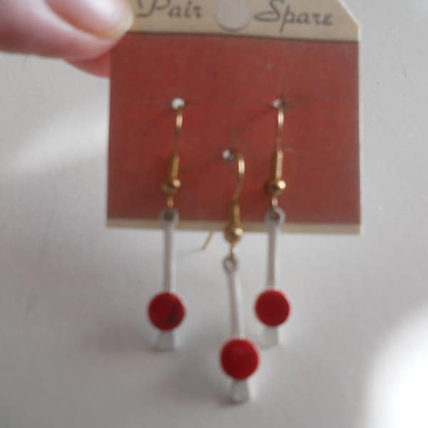 Retro Earrings - Pair & Spare - 3 Funky White and Red Dangles Retro Painted Enamel - Lavern and Shirley