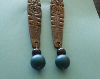 Tribal Antique Brass Earrings - Beautiful Mystical Native Antique Brass with Teal and Black Beads