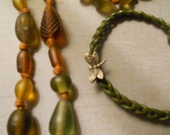 Green Necklace and Bracelet ~ Bronze Green Frosted Glass Beads on Pumpkin Knotted Cord and Olive Green Leather Cord with Dragonfly Charm