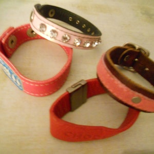Red Leather and Pink Leather and Rhinestones and Silver with a Heart Leather Bracelet Cuffs -  5 Bracelet Cuffs