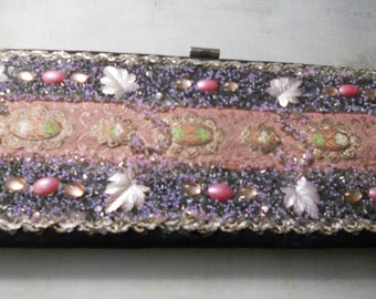 Hand-Embroidered Purse and Decorated ~ Beautiful Vintage Clutch with Embroidery Carbochons Seed Beads and Acrylic Flowers