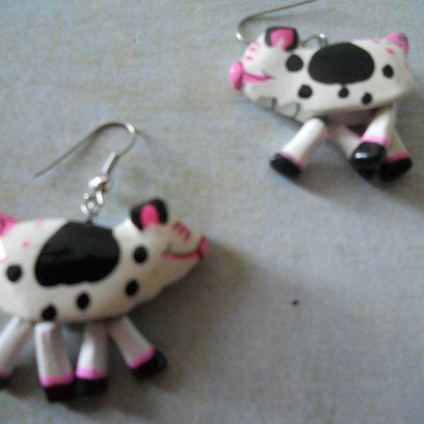 Sweet Pig Earrings - Cute and Fun Tiger Lily Earrings - Black and White and Pink with Moving Legs ~ Free Shipping within U.S.