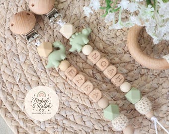 Personalised Baby Dummy Clip with Name | Dinosaur Pacifier Clip | Neutral Baby Gift | Sage Green Dummy Holder