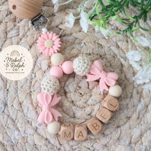 Personalized Bow Pram Charm | Pink Crochet & Wood Beads