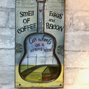 Lucinda Williams, music inspired, guitar art, Car Wheels on a Gravel Road, juke joint, music room, gift for mom, coffee, bacon, americana
