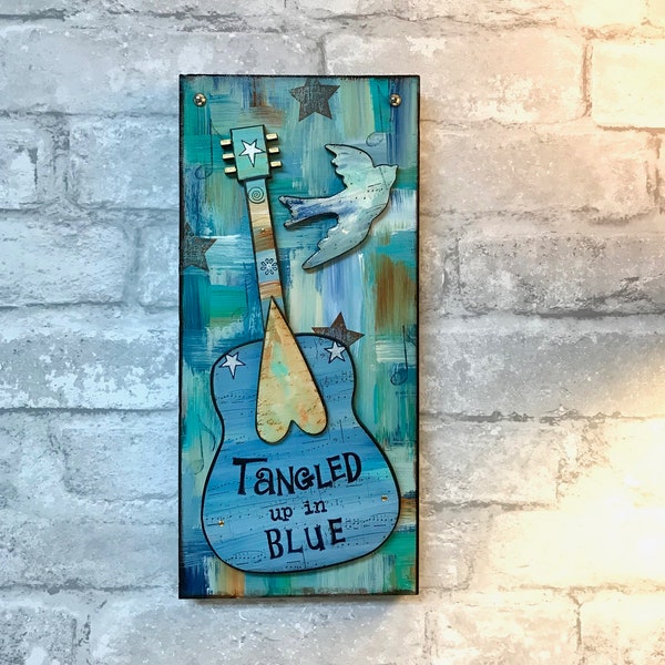 Bob Dylan, Tangled Up in Blue, guitar art, Music room, music decor, mixed media, bluebird, folk art, valentine, gift for guy, love teal