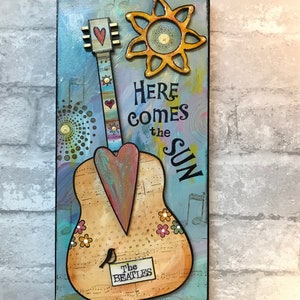 Here Comes the Sun, Beatles art, music inspired, guitar, George Harrison, guitar player,  under 50, unique gift, the beatles, valentine, sun