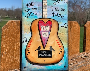 Neil Diamond art, Play Me, sun and moon, lyric art, gift for mom, cool mom art, 70s music, retro, lovers, album art, anniversary, music,