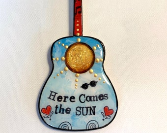 Here Comes The Sun, Beatles, Guitar Ornament, music inspired, under 30, music room, George Harrison, sunshine, inspirational, gift for dad