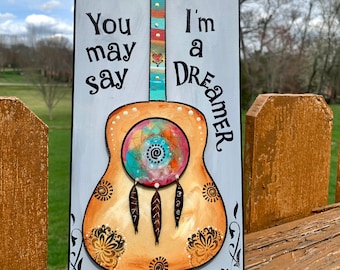 Imagine art, You May Say I'm a Dreamer, John Lennon, Beatles art, music inspire, dreamcatcher, gift for girl, dorm room, daughter, Boho art
