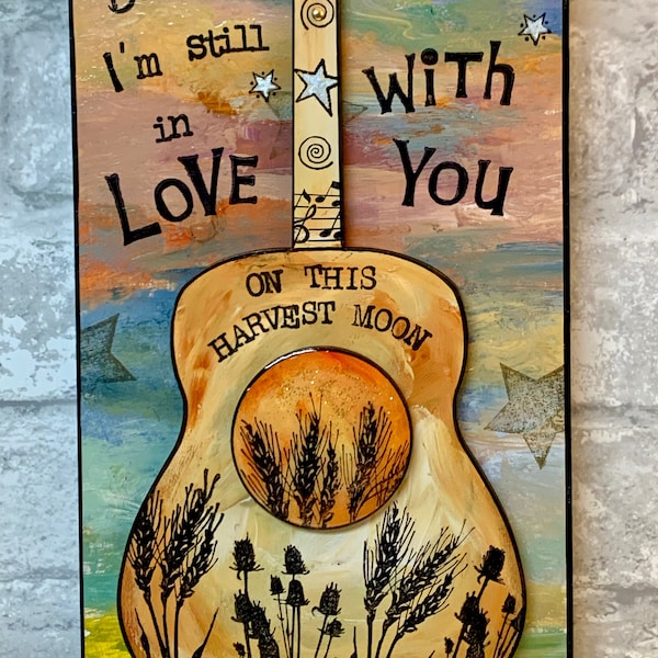Guitar, Harvest Moon, Neil Young, Gift for Mom, Unique gift, Christmas, Wedding, Anniversary, moon, painted guitar, I'm In Love With You,