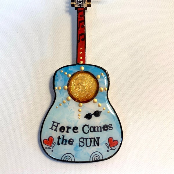 Here Comes The Sun, Beatles, Guitar Ornament, music inspired, under 30, music room, George Harrison, sunshine, inspirational, gift for dad