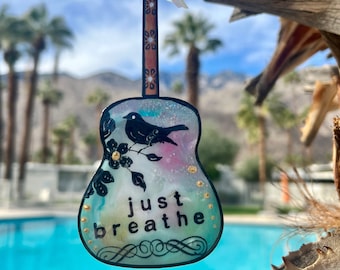Just Breathe, guitar ornament, wood ornament, blackbird, hand painted ornament, be still and listen, inspirational, thinking of you, music