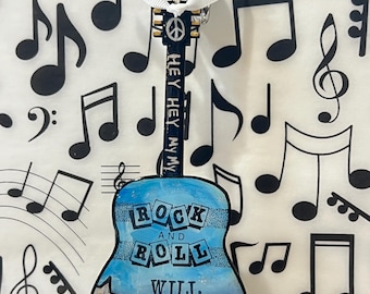 Hey hey, My my, Rock and Roll will never Die, Neil Young, guitar ornament, classic rock, gift for dad, small gift, husband, musician, rust