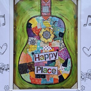 HAPPY PLACE,  art print,  matted print, guitar, patchwork, music print, garden art, wall art, music notes, gift for mom, ink stamped, 11x14