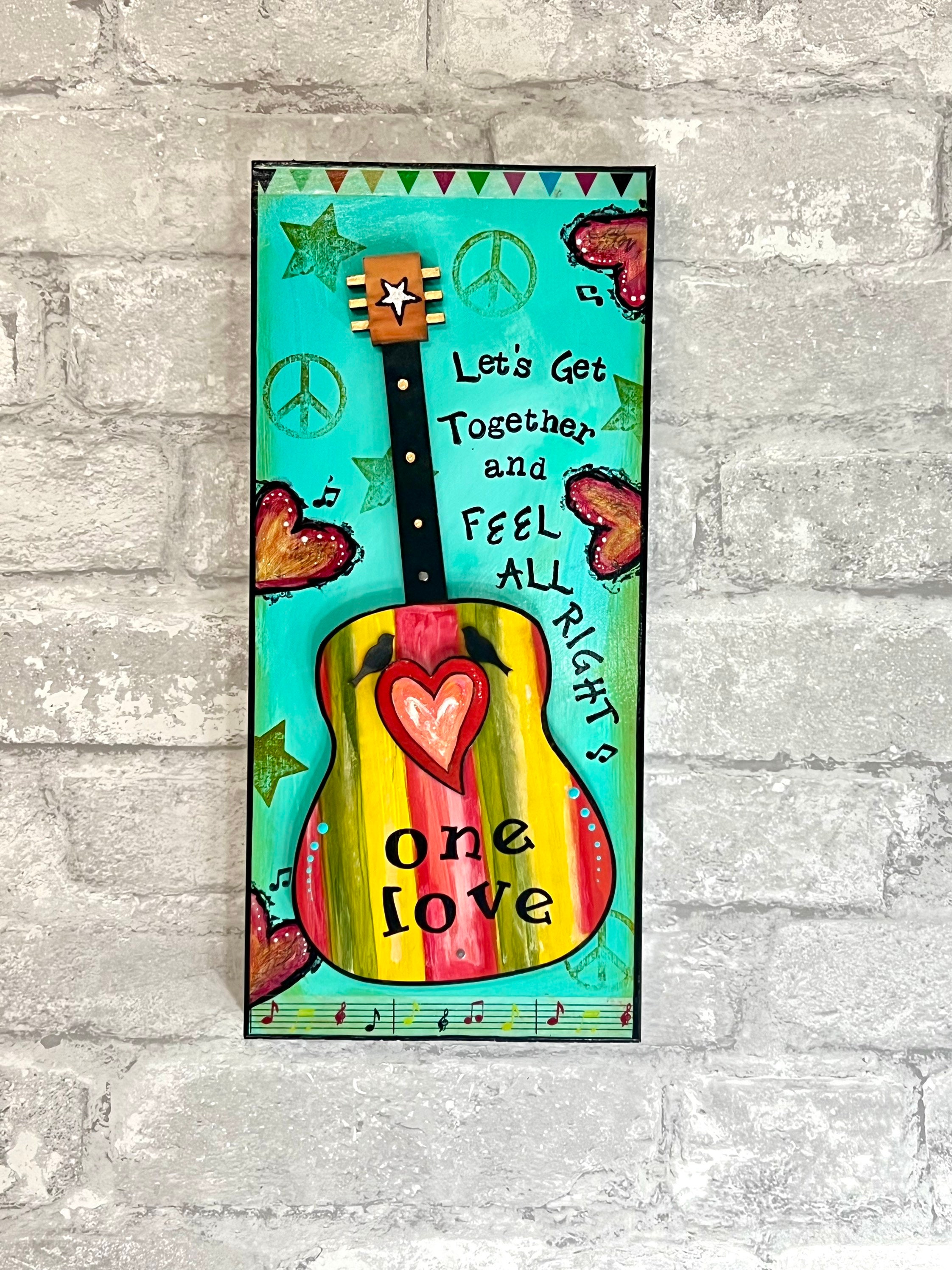 One Love, Bob Marley, Music Inspired, Guitar Art, Bright Happy Art