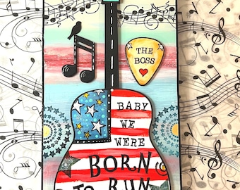 Bruce Springsteen Born to Run guitar art plaque, mixed media, the boss, retro, album art, music art, gift for dad, classic rock