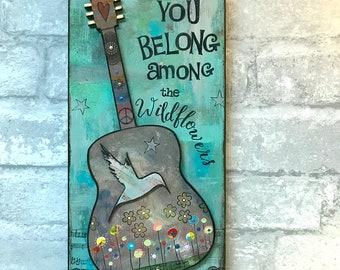 Among the Wildflowers, guitar art, Tom Petty, You Belong, music inspired, mom, hummingbird, music decor, guitar, gift for girl, flowers