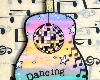 Dancing Queen, Guitar ornament, disco, dancer, retro, 70's, small gift, music gift, unique gift, music notes, gift for mom