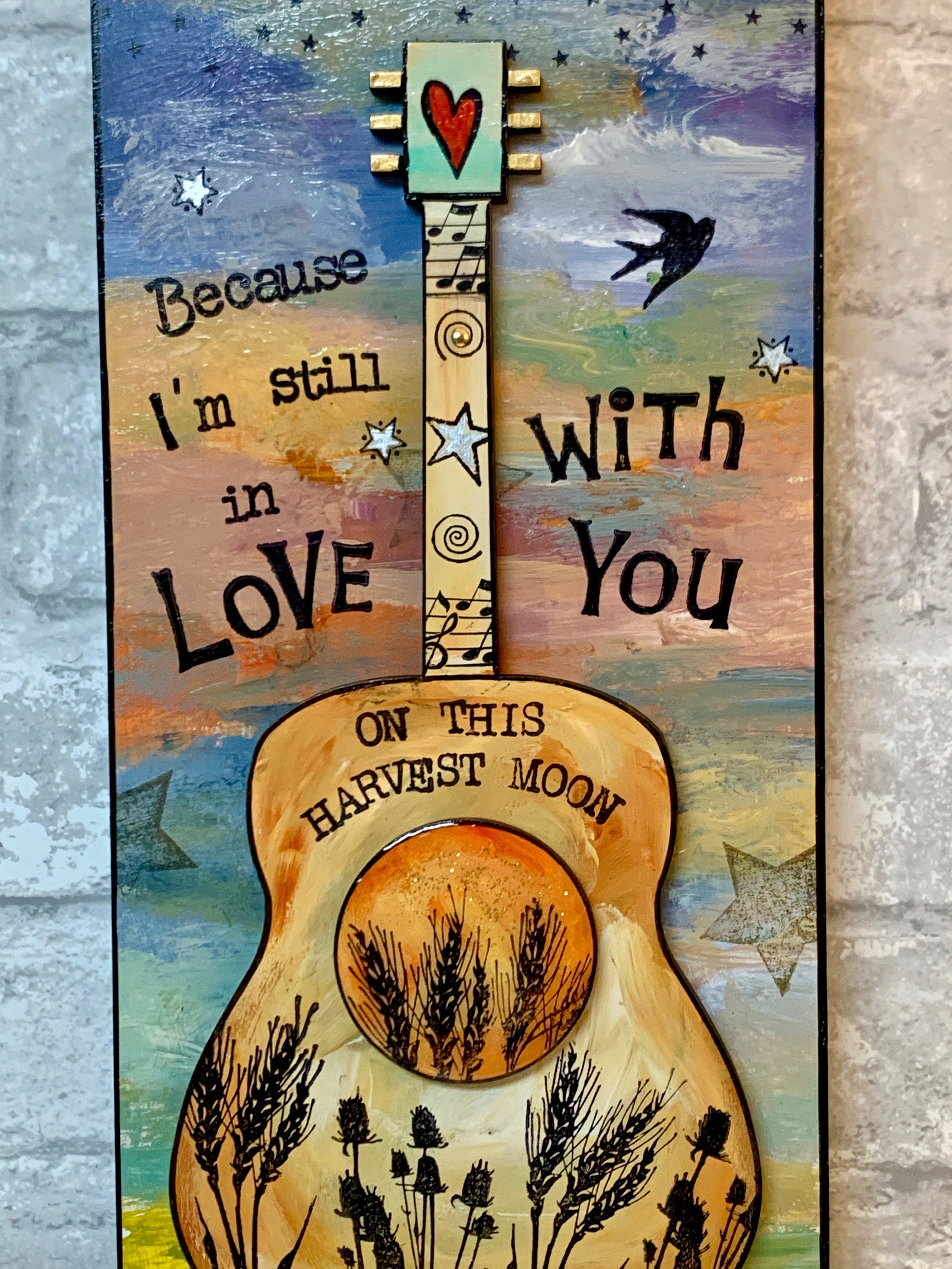 Guitar, Harvest Moon, Neil Young, Gift for Mom, Unique gift, Christmas, Wedding, Anniversary, moon, painted guitar, I'm In Love With You,