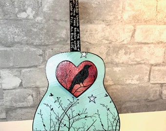 Blackbird singing, Beatles, guitar, wood art, heart, under 40, paul McCartney, music art, lyric inspired, unique gift, blackbird, bird, mom