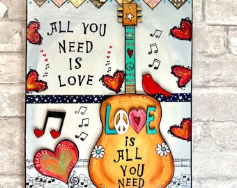 All You Need is Love, Beatles Art, Mixed Media, John Lennon, anniversary, Gift for mom, Blackbirds, art with heart, under 100, love is all