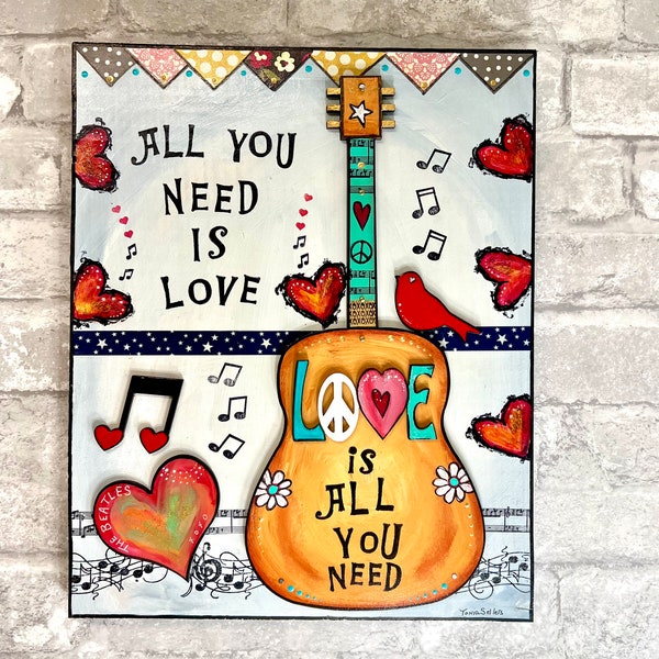 All You Need is Love, Beatles Art, Mixed Media, John Lennon, anniversary, Gift for mom, Blackbirds, art with heart, under 100, love is all