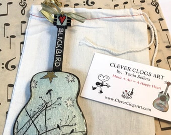 BLACKBIRD, Beatles, Guitar Ornament, Paul McCartney, small gift, music inspired, miniature art, wings, under 20, unique gift, music room