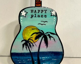 Happy Place, island life, guitar, music inspired, beach life, nautical, under 30, Christmas ornament, music gift, unique, palm trees, sunset