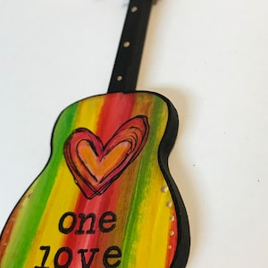 One Love, Bob Marley, Guitar ornament, Rasta, music inspired, reggae, peace, under 20, under 30, Christmas ornament, music gift, unique