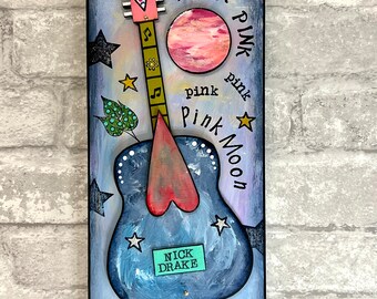 Pink Moon, Guitar art, Nick Drake, music art, mixed media, moon art, folk music, full moon, music room, guitar player, piano, pink art