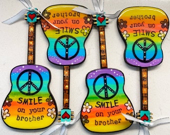 Smile on Your Brother, guitar, ornament, love one another, peace sign happy art, 70s rock, hippie, retro, peace love rock and roll