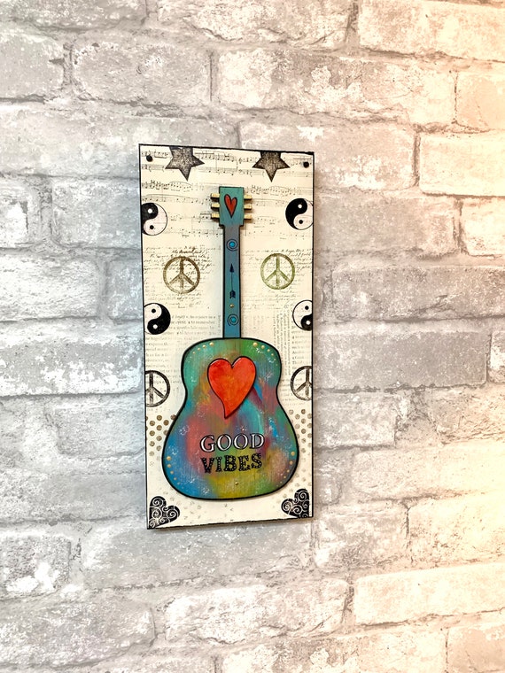 Good Vibes, guitar art, gift for friend, music art, inspirational, encouragement, karma, teacher, peace,  groovy, guitar,  music room