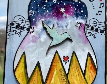 Wilco Art, Hummingbird, guitar art, mixed media, gift for mom, jeff tweedy, music room, lyric art, mountains, stars, life goal, tweedy show