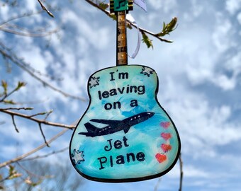 I'm Leaving On A Jet Plane, John Denver, guitar art, guitar ornament, small gift, mothers day, fly away, music art, airplane, pilot, wings