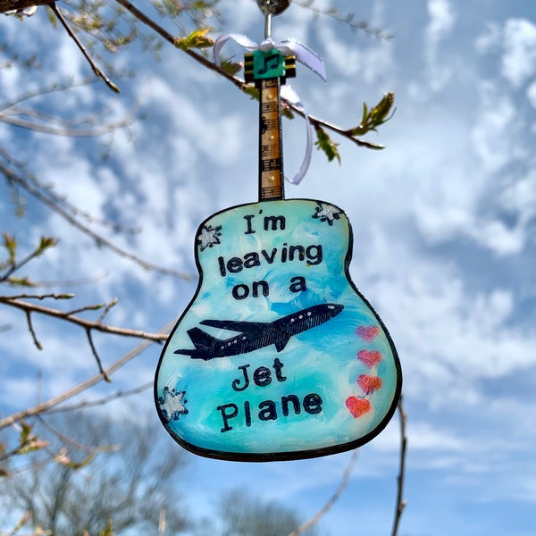 I'm Leaving On A Jet Plane, John Denver, guitar art, guitar ornament, small gift, mothers day, fly away, music art, airplane, pilot, wings