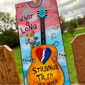 Grateful Dead Art, What a Long Strange Trip, Truckin, Guitar Art, Gift for Dad, Dancing Bear, Happy Art, Gift for musician, anniversary