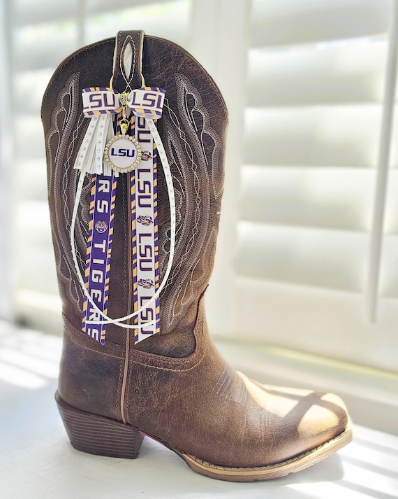 LSU Boot Bows – Louisiana State University Game Day Boot Accessories – Cowgirl Boot Jewelry – LSU Tigers Tailgate Outfit