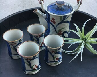 Mid Century Japanese Stoneware Tea Set - Saki Set - Beautiful Details - Perfect Condition