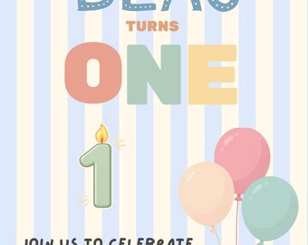 Bewerkbare sjabloon eerste verjaardagsuitnodiging | Blauwgele streep, genderneutraal (digitale download)