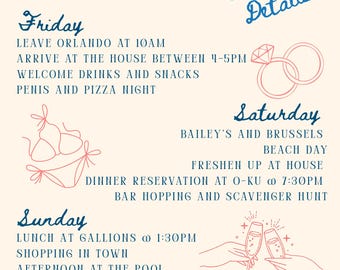 Bewerkbare sjabloon vrijgezellenroute, Coastal Bach-weekendplanner (digitale download)