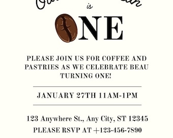 Bewerkbare koffiethema eerste verjaardagsuitnodiging | Onze kleine boon wordt één | Neutrale canvas-uitnodiging