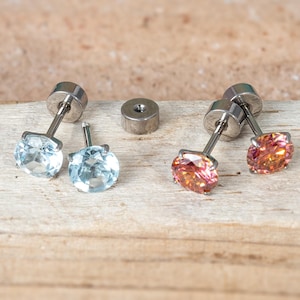 Natural stones Titanium Flat back studs, Hypoallergenic posts, pair or set: Topaz & Moissanite, Sensitive, Everyday, Gift, Handmade in NYC