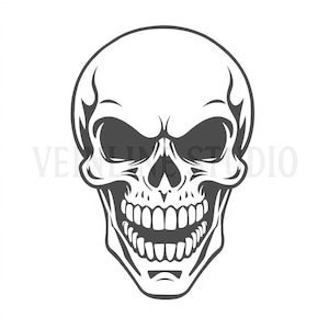 May include: A grayscale illustration of a human skull, facing forward. The skull has a prominent jawline, visible teeth, and dark eye sockets. The image is a detailed, symmetrical representation of a skull, suitable for various design applications.