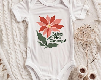 Baby's First Christmas Bodysuit, Poinsettia Holiday Onesie, Soft Cotton Gift