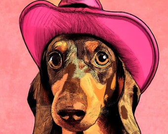Cowboy Dachshund Art Print  - Pop Art Dachshund - Doxie Wall Art - Signed Art Print - Western Dachshund Wall Art - 7.5" x 7.5" Print