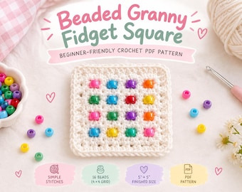 Beaded Fidget Square Crochet Pattern, Pony Bead PDF, Beginner Sensory Project, 5 Inch