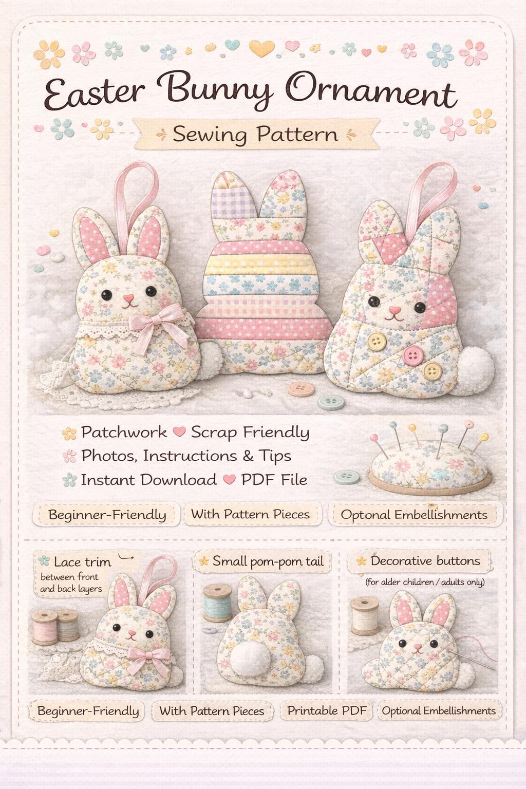 Bunny Ornament PDF Sewing Pattern | Beginner Friendly | Patchwork ...